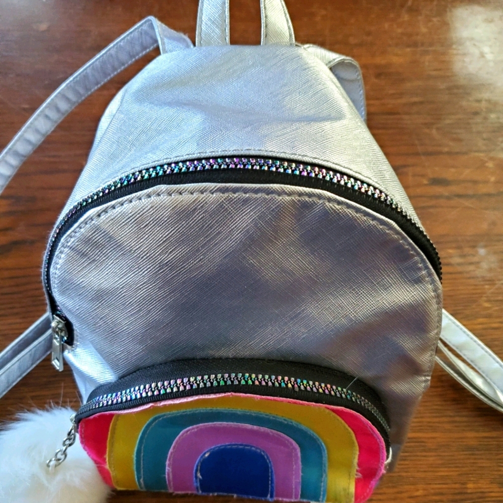 Silver Metallic Rainbow Mini Backpack w/ Pom Pom
